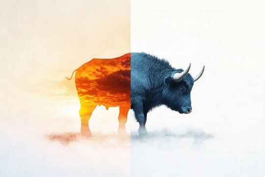 Surreal image of a bull in a dual landscape, transitioning from a fiery sunset to a frosty, misty environment, blending nature and imagination.