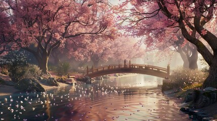 A serene Japanese garden with a bridge over a stream, surrounded by blooming cherry blossom trees.