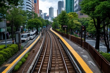 Fototapeta premium Osaka cityscape from the Hankyu train, capturing the hustle of commuters and the industrial charm of the urban railways