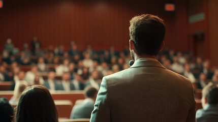 Man giving speech in presentation room Mature businessman doing a presentation at meeting office Intelligent business person showing graph on seminar, Generative AI