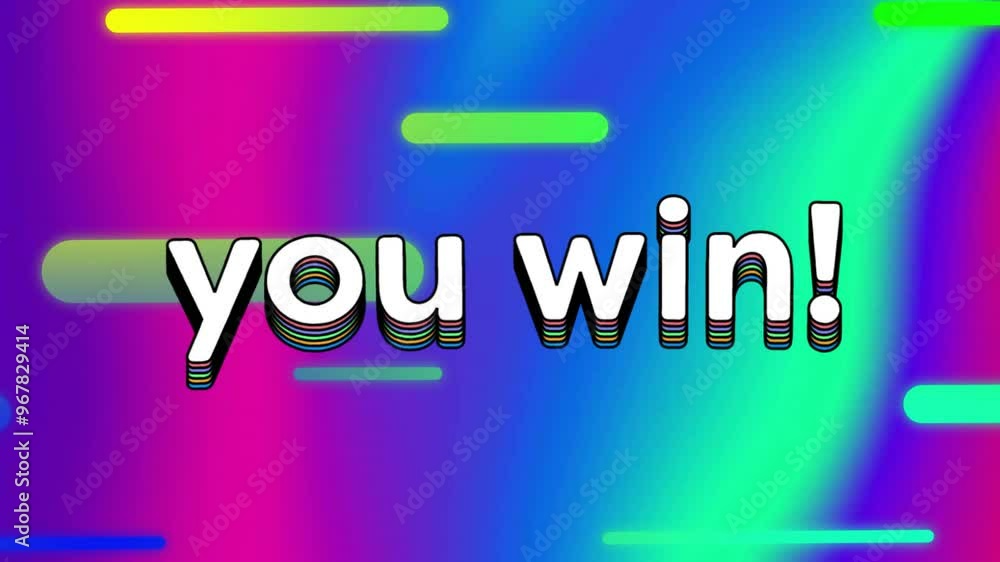 Poster animation of you win text over lines on colourful background