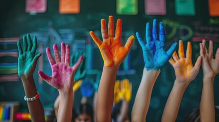 Colorful children's hands raised in creativity, showcasing vibrant paints against a cheerful classroom background.