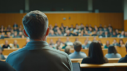Man giving speech in presentation room Mature businessman doing a presentation at meeting office Intelligent business person showing graph on seminar, Generative AI