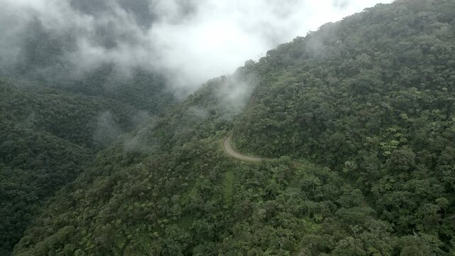 Aerial view of the winding death road surrounded by lush forest and rugged mountains, Los Yungas, Bolivia.