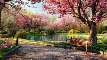 Obraz premium A serene park scene with a bench beneath blossoming cherry trees and a pond in the background.