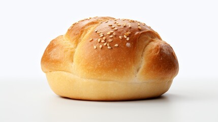Golden sesame seed bun resting on a clean white surface in a well-lit setting