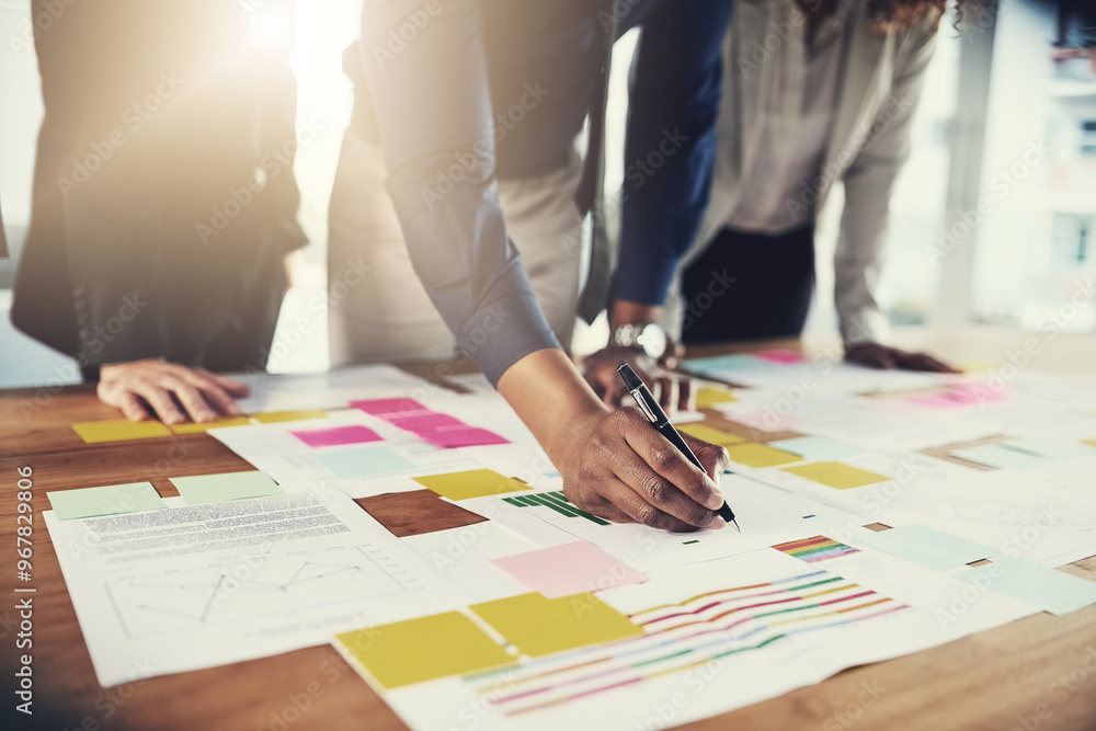 Poster business people, hands and analytics with statistics for strategy, brainstorming or data in office. 