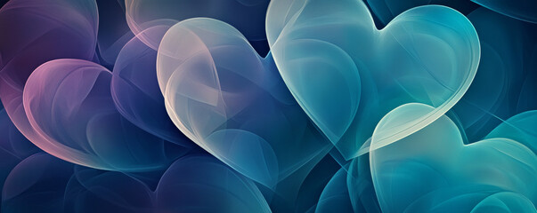 An abstract background featuring overlapping translucent hearts in shades of blue, teal, and violet, with a smooth, modern texture for a sophisticated touch.