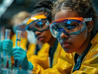 Focused scientist in protective gear conducts experiment in laboratory, showcasing commitment and safety in scientific research.