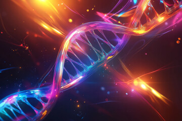 Obraz premium An abstract background with a metallic DNA strand surrounded by bright neon lights and swirling lines, set against a smooth, dark gradient.