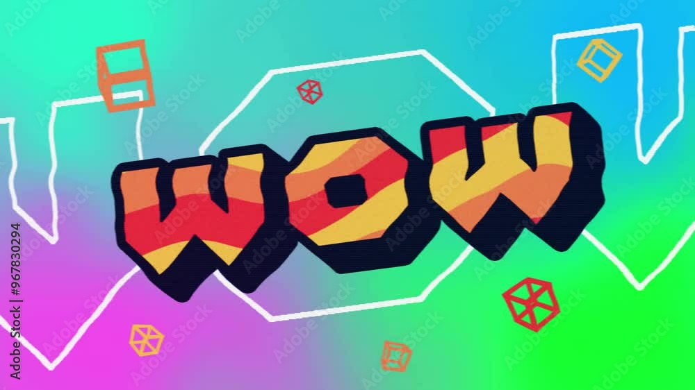 Poster animation of wow text with shapes over colourful background