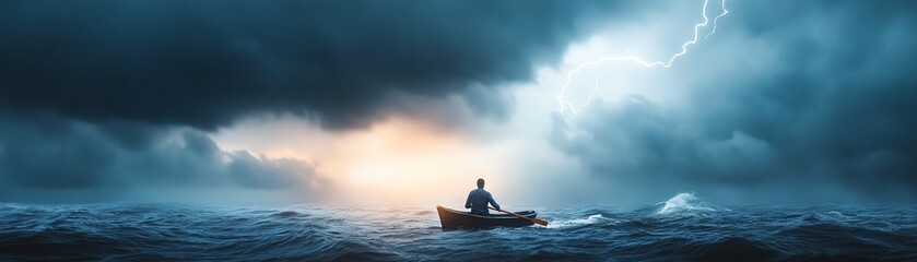 A lone man rows a small boat in a stormy sea as lightning pierces the dark, dramatic sky, highlighting the tranquility amidst the chaos.