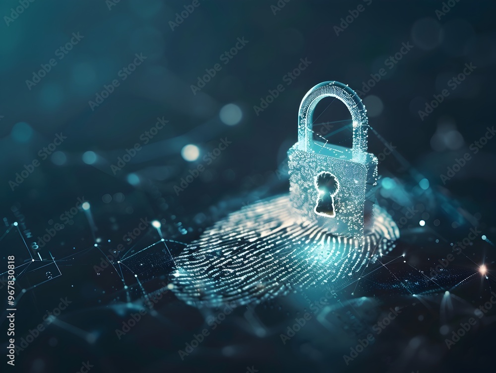 Poster padlock icon with digital fingerprint overlay emphasizing biometric security and personal identifica
