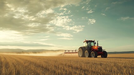 Obraz premium Tractor Spraying Crops at Sunset