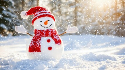Fototapeta premium Little cute snowman in a knitted hat and scarf on snow on a sunny winter day. Christmas card