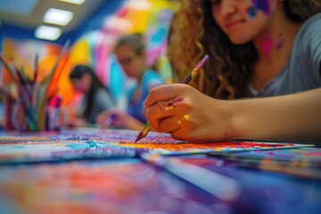 Obraz premium A close-up of an artist's hand painting on a vibrant canvas, showcasing creativity and colorful expressions in a studio setting.