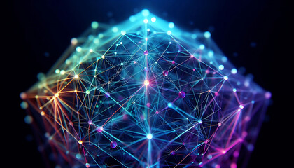 Abstract geometric design featuring a network of illuminated translucent lines forming interconnected shapes. The vibrant hues of blue purple and green create a dynamic glow against a dark background