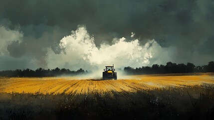 Fototapeta premium Tractor Spraying Crops at Sunset