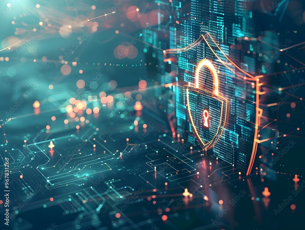 Aufkleber robust digital defense mechanism with padlock and shield icon in vibrant cybersecurity background