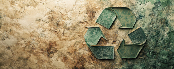 Fototapeta premium An artistic background featuring a recycling symbol made from layered, textured paper in green, brown, and beige tones, with a soft-focus effect.