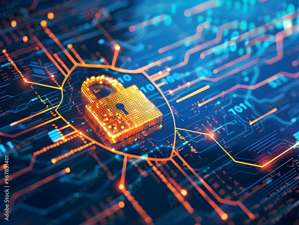 Poster robust cybersecurity defense mechanisms depicted in padlock icon and digital shield design