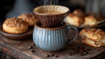 A rustic setup of artisan coffee brewing with a pour-over, handcrafted ceramic mug placed beneath the dripper, fresh pastries on a wooden table,