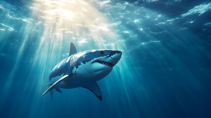 Fototapeta premium High-Definition Image of a Great White Shark Swimming Below the Ocean Surface with Sunlight Rays Penetrating the Clear Blue Sea