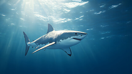 Naklejka premium High-Definition Image of a Great White Shark Swimming Below the Ocean Surface with Sunlight Rays Penetrating the Clear Blue Sea
