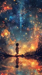 Child fishing in a sea of stars, cosmic innocence
