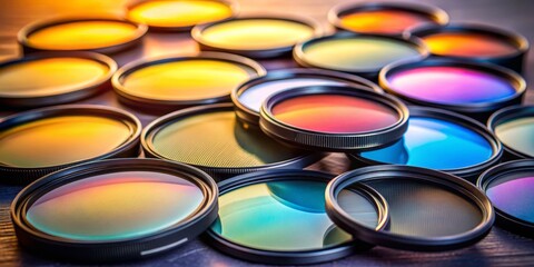 Intense close-up of various camera lens filters, showcasing circular polarizer, neutral density, and color grad