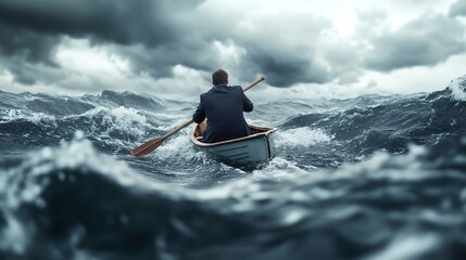 Man rowing a small boat through rough waters under a dark, stormy sky, symbolizing struggle and determination in adversity.