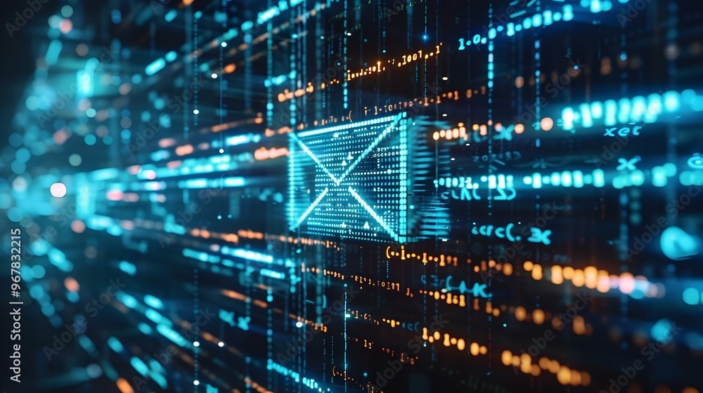 Poster digital data streams surrounding email icon concept emphasizing information technology