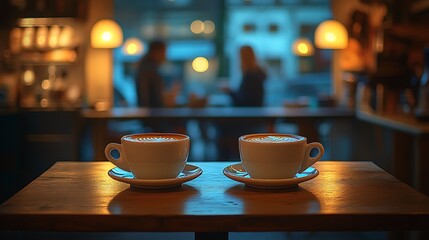 Fototapeta premium A small coffee shop at night, two cups of coffee on a dimly lit table, warm golden lighting creating soft shadows, blurred figures in the background talking quietly,
