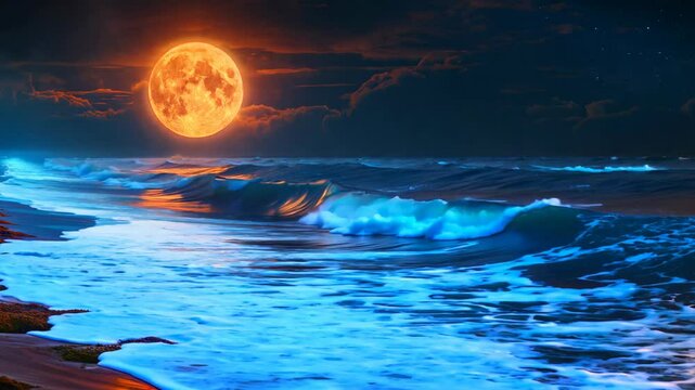 dreamy seascape wave crashing shore under full moon sky,  red moon ight contrast with blue water
