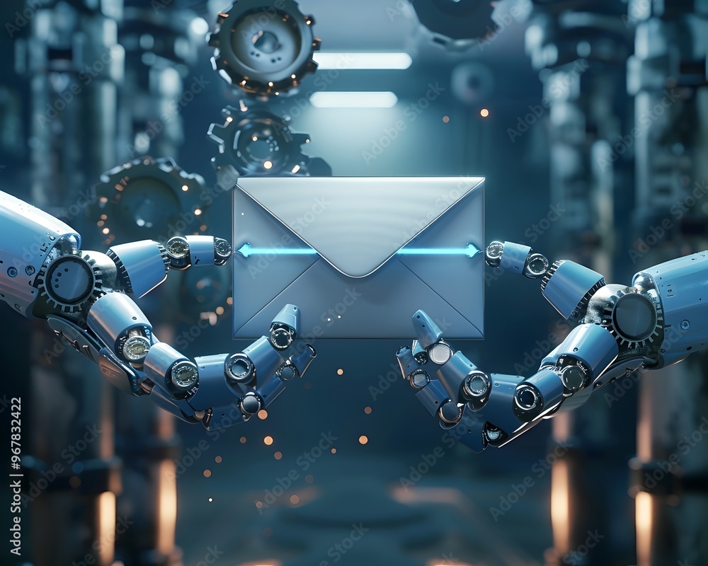 Poster futuristic email icon with robotic arms and gears symbolizing automation and efficiency