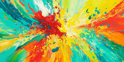 An explosion of bright tropical paints in turquoise, coral, and lime green, with a high-gloss finish and dynamic splatters that create a lively, summery vibe.