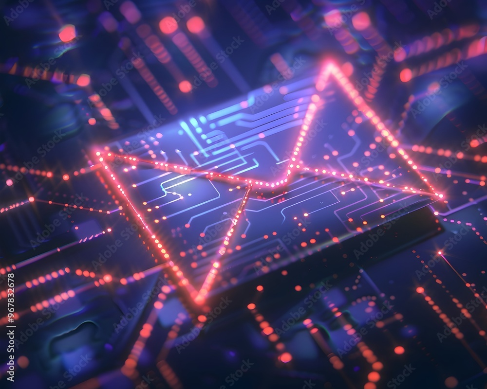 Poster tech inspired digital email icon with vibrant circuit board patterns