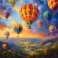 Obraz premium Brightly colored hot air balloons over valleys