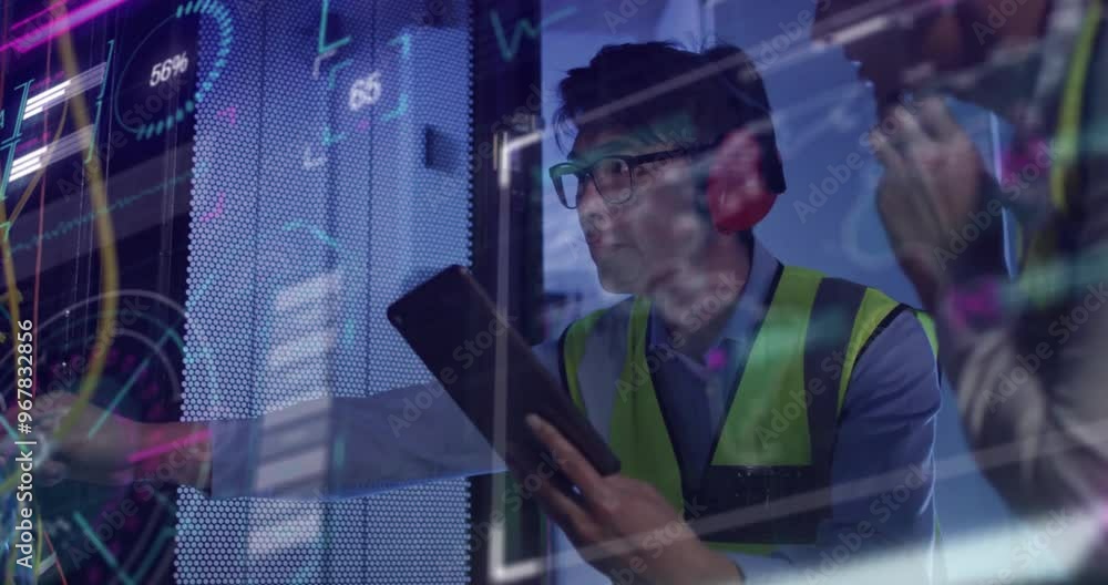 Poster animation of data processing over diverse colleagues using tablet in server room