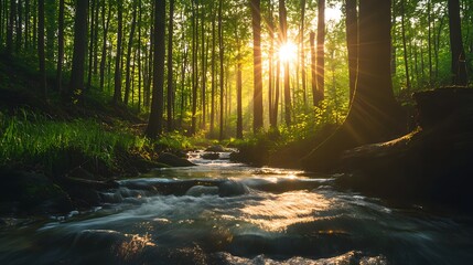Obraz premium Sunbeams Illuminating a Tranquil Forest Stream
