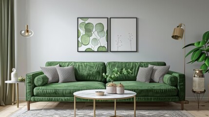 A modern living room boasts a chic green velvet sofa with gray pillows, natural light through sheer green curtains, and a round coffee table adorned with candles and a plant.