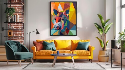 A modern living room features a vibrant palette with a large abstract dog painting in warm hues on a light wall. A yellow sofa, chic teal armchairs, and natural light enhance the inviting atmosphere.