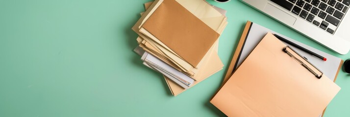 A neat workspace showcases document folders on a vibrant teal background. A sleek laptop and silver pen emphasize productivity, ideal for business and organization themes.