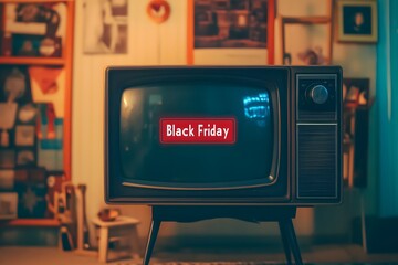 A retro-inspired poster with a vintage TV screen displaying a countdown to Black Friday