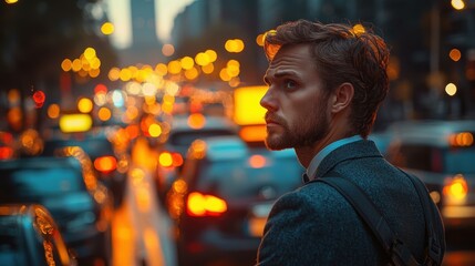Man Standing in a City Street at Night, Lost in Thought - stressful