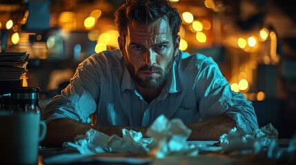 Fototapeta premium Exhausted Man Surrounded by Crumpled Paper in a dimly lit room - stressful