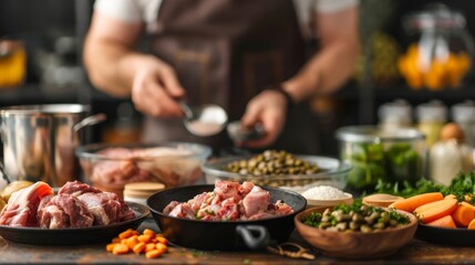 Obraz premium A chef preparing a meal with fresh ingredients, including meat, vegetables, and spices.