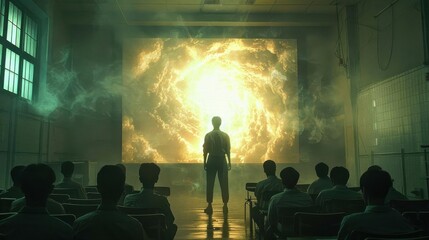 A moment of inspiration in a classroom, as a student stands before an illuminating projection of a cosmic scene.