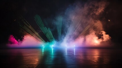 Fototapeta premium Neon Laser Beams and Smoke on Dark Background
