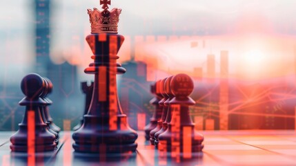 Chess pieces on a board with a city skyline and stock market data in the background.